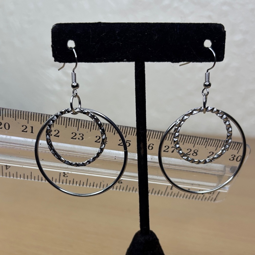 Double Hoop Drop Earrings in Polished Silver